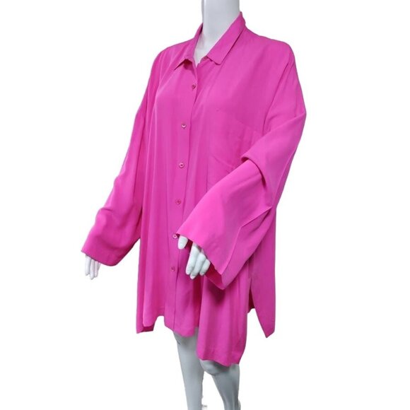 Adrienne Vittadini Silk Lagenlook Oversized Button Up Tunic Shirt Dress Pink M - Picture 2 of 16